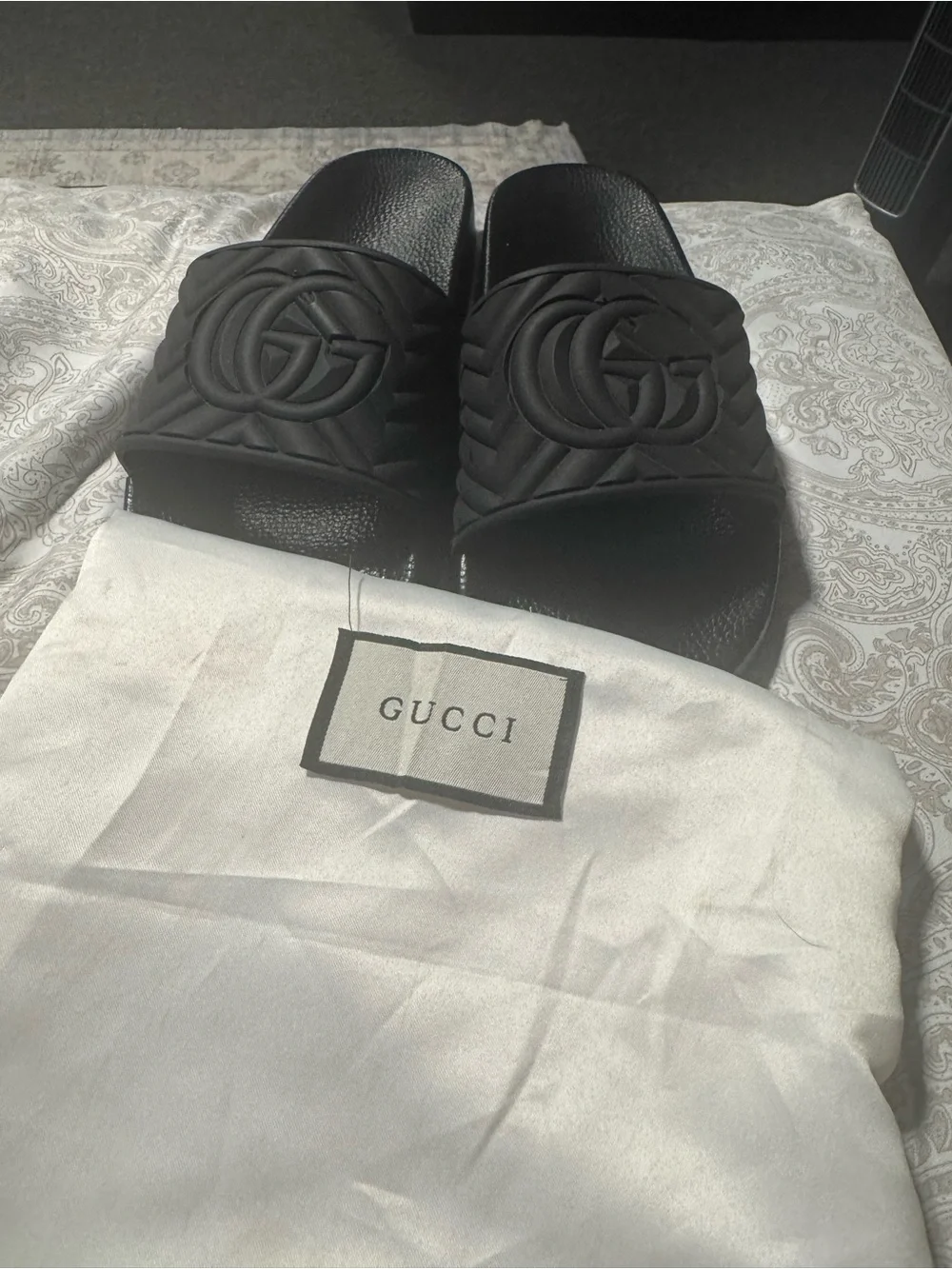 Gucci Black Quilted GG Logo Slide Sandals